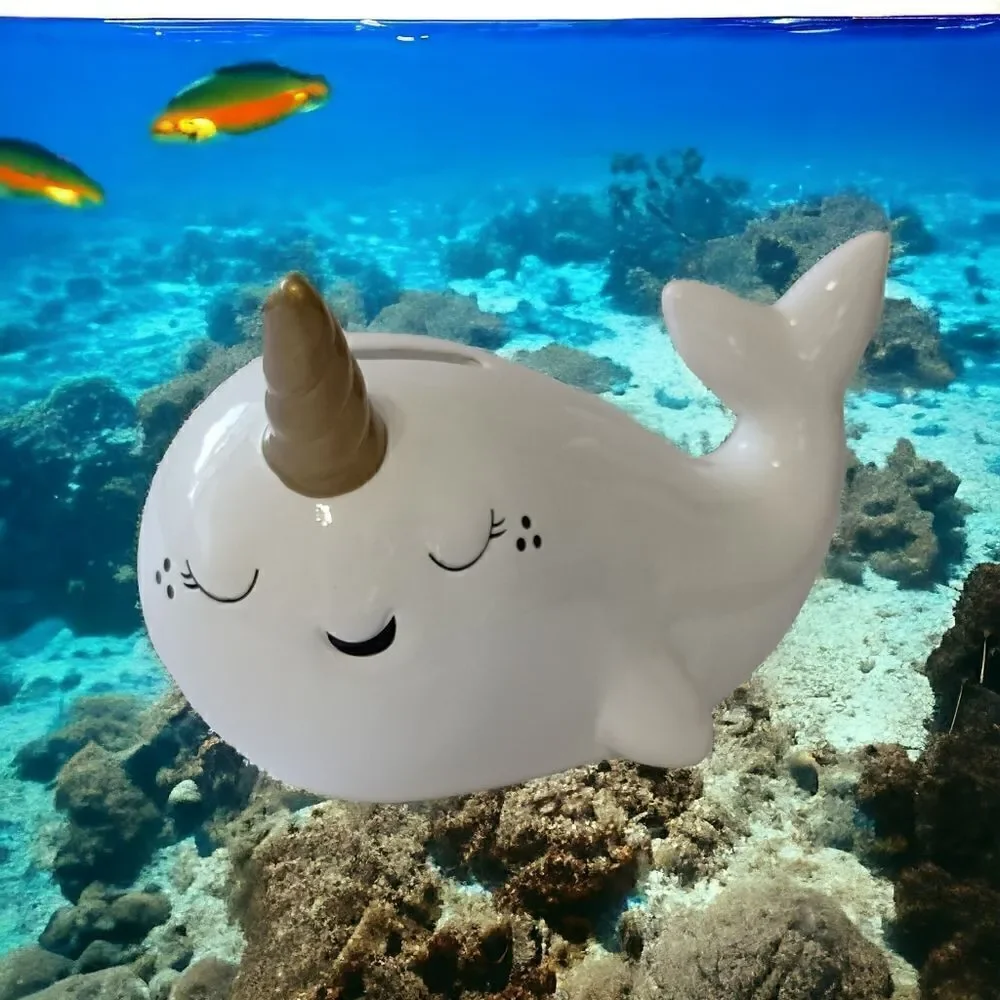 Target‎ Narwhal Bank Ceramic White Pillowfort Piggy Coin Figurine Coastal Beach.